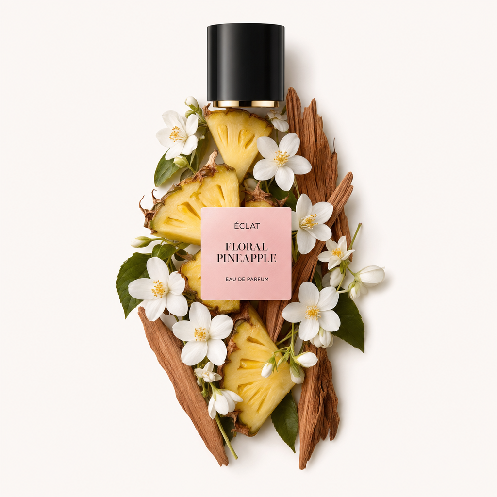 Un arreglo de rodajas de piña fresca, delicadas flores blancas y madera texturizada rodea la tapa negra con etiqueta ÉCLAT Floral Pineapple.
