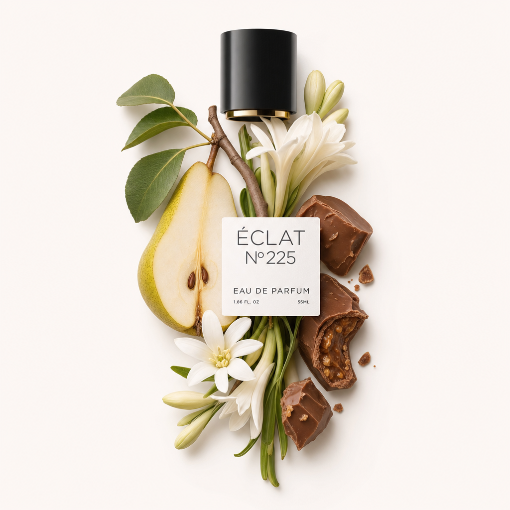 A composition of sliced pear, white flowers, and chocolate praline surrounding a black cap with a label for ÉCLAT Floral Praline.