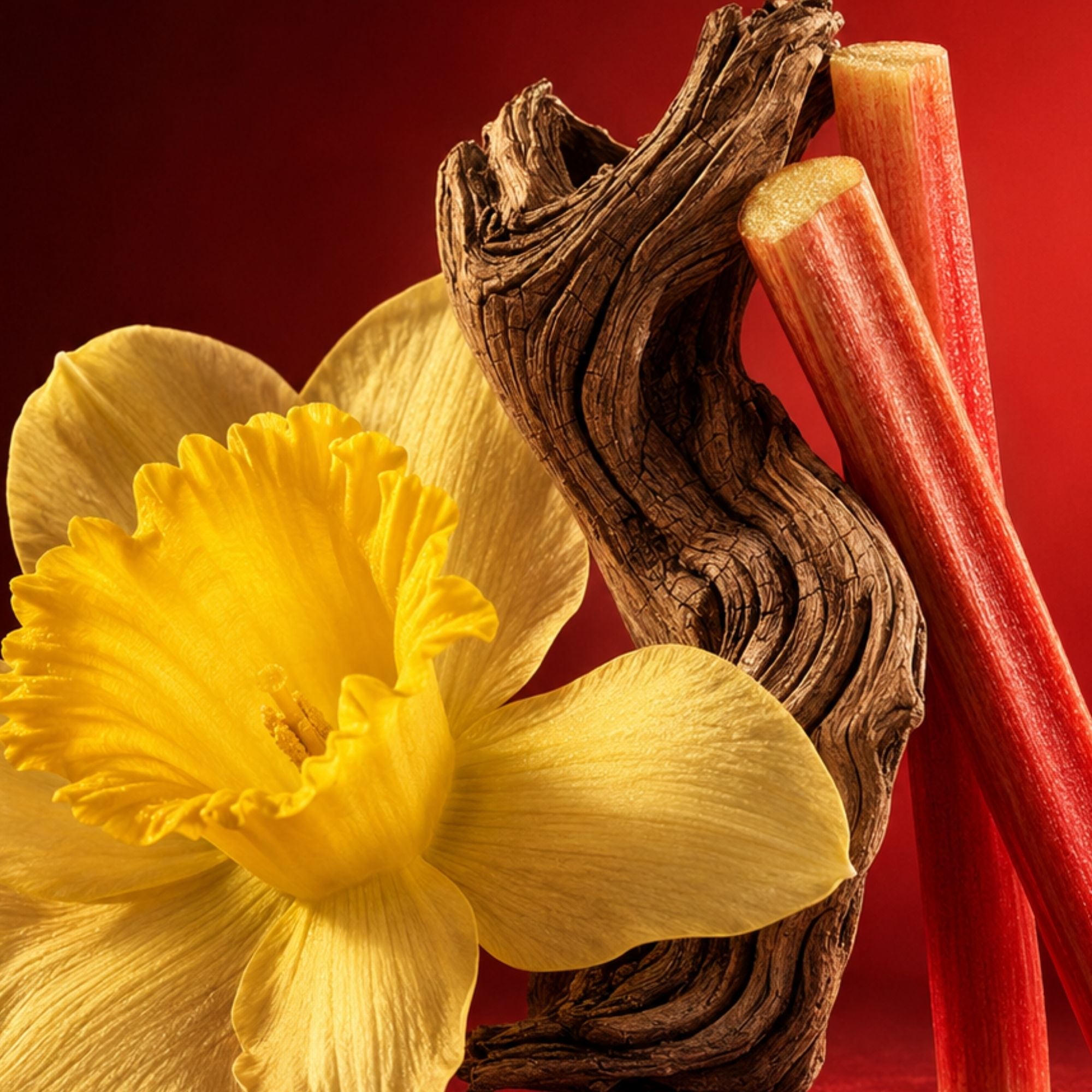 An arrangement featuring a yellow daffodil, twisted wood, and vibrant red rhubarb stems against a rich red background.