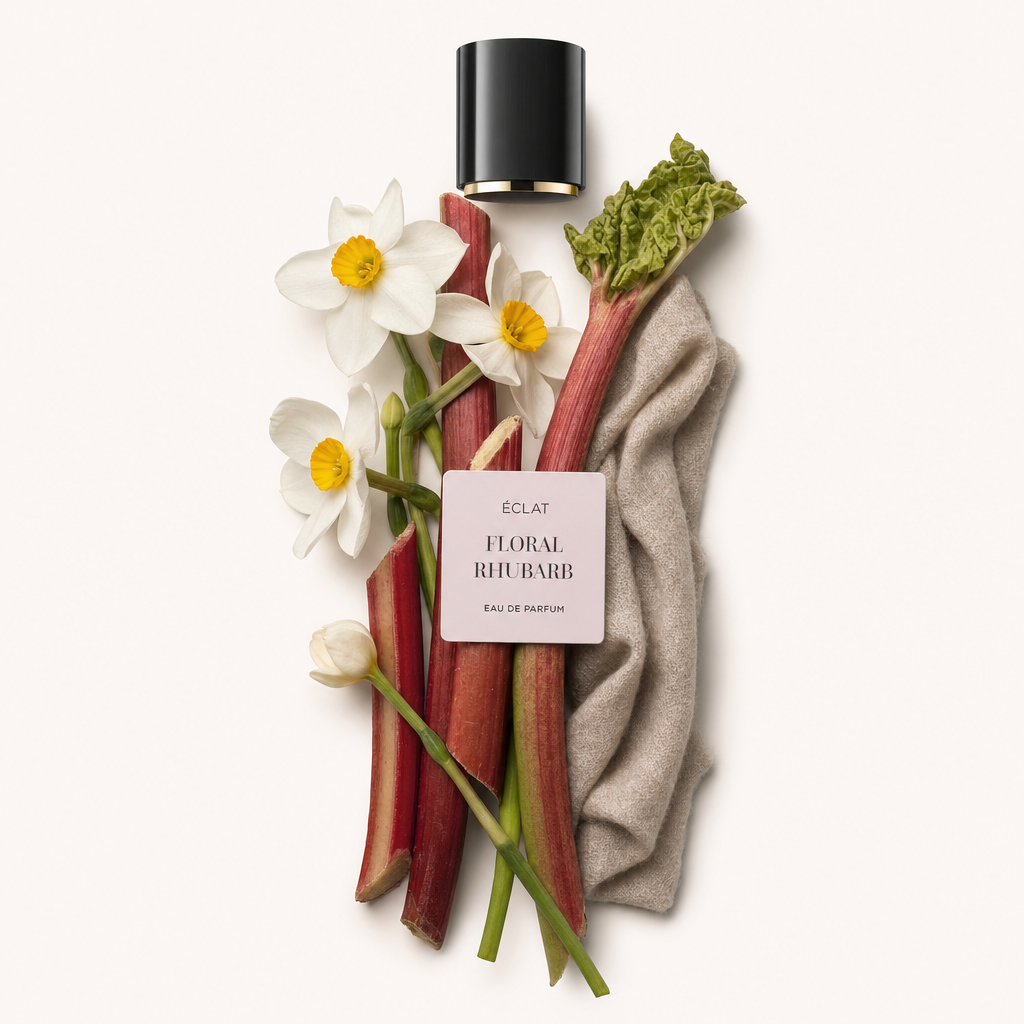 Un arrangement de tiges de rhubarbe, de jonquilles blanches et de tissu beige, avec un bouchon noir étiqueté ÉCLAT Floral Rhubarb au-dessus.