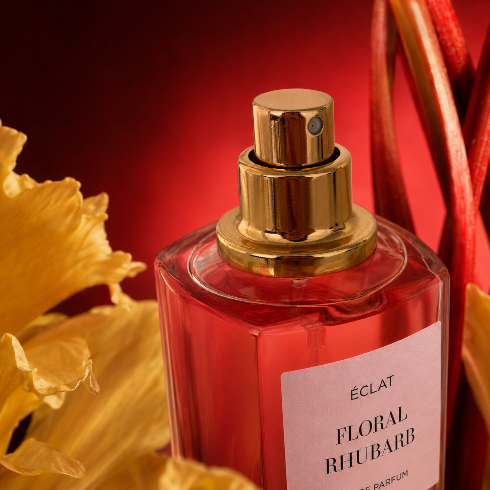 ÉCLAT Floral Rhubarb perfume bottle with a gold cap, surrounded by yellow flowers and rhubarb, against a red background.