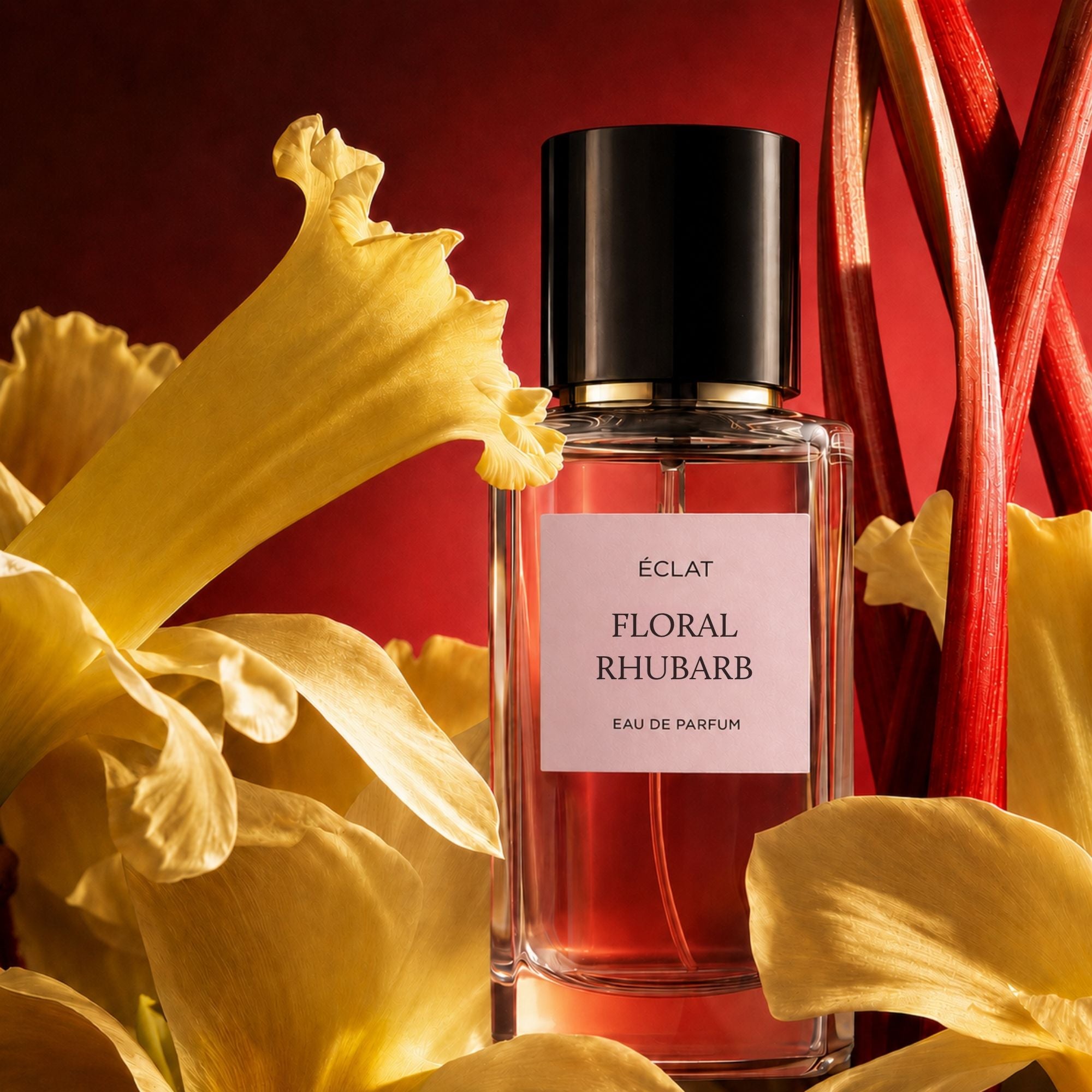 The ÉCLAT Floral Rhubarb fragrance bottle is showcased, featuring a sleek glass design with a black cap, surrounded by vivid yellow flowers and rhubarb stalks against a red background.