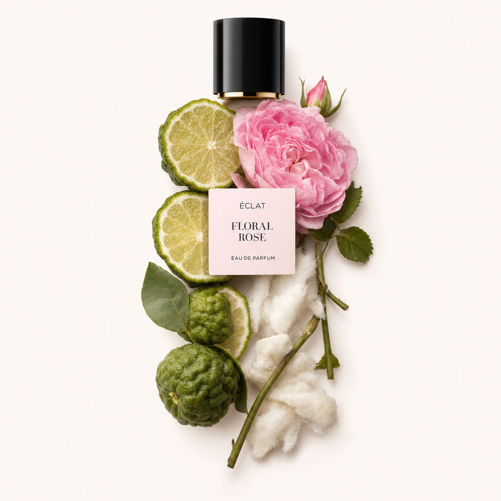 Um arranjo de fatias de bergamota fresca, uma rosa cor-de-rosa e fibras de algodão, ao lado de uma tampa preta com a etiqueta ÉCLAT Floral Rose.