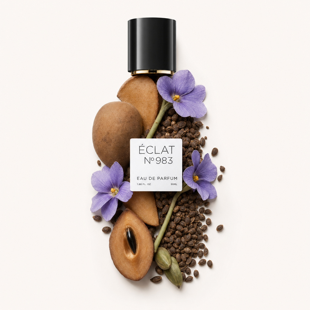 A carefully arranged composition of sapodilla ingredients, purple flowers, and seeds surrounds a black cap with a label of ÉCLAT Floral Sapodilla.