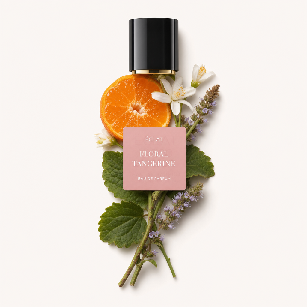 An arrangement of fresh tangerine slices, delicate white flowers, and aromatic herbs surrounds a black cap with a pink-label ÉCLAT Floral Tangerine.