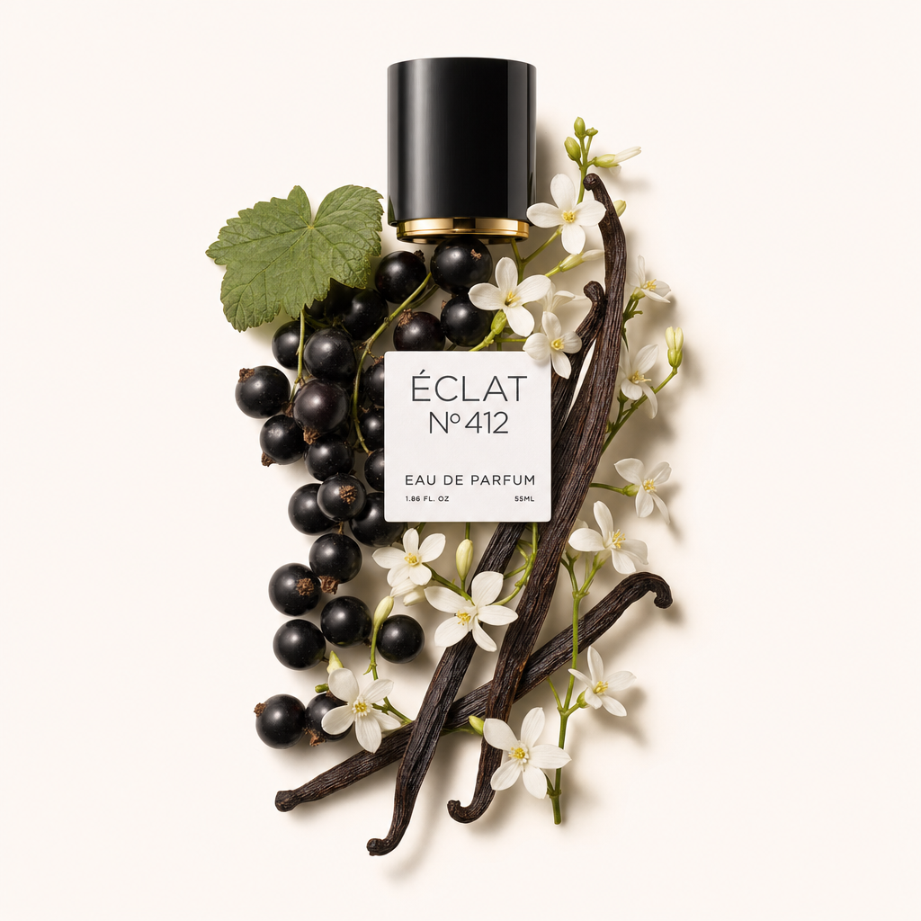 An arrangement of black currants, white flowers, and vanilla pods surrounds a black cap with a gold detail and a label for ÉCLAT Floral Vanilla.