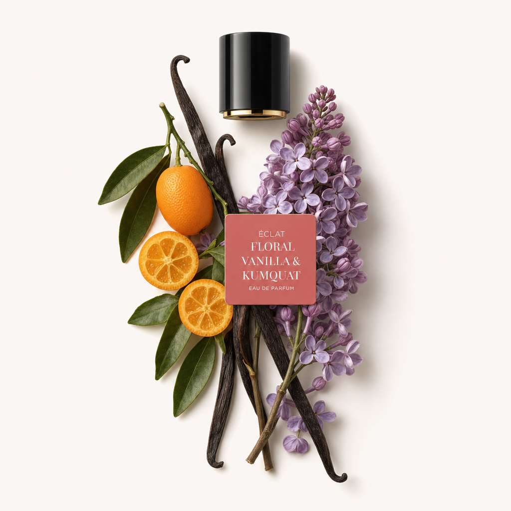 An arrangement of lilac blossoms, fresh kumquats, and vanilla beans surrounds a black cap with a label, representing ÉCLAT Floral Vanilla & Kumquat.