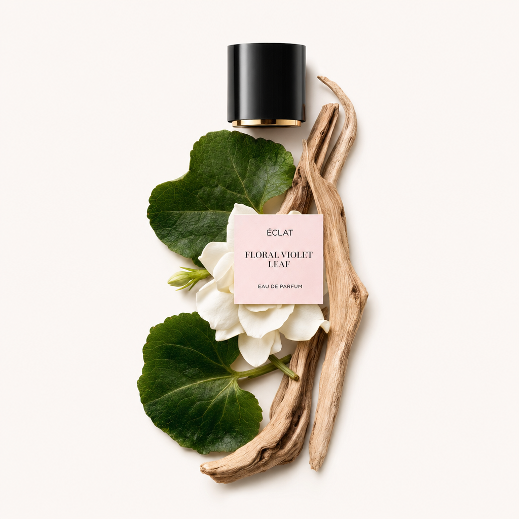 Un arrangement de feuilles de violette vertes, de délicates fleurs blanches et de bois flotté brun clair entoure un capuchon noir avec une étiquette ÉCLAT Floral Violet Leaf.