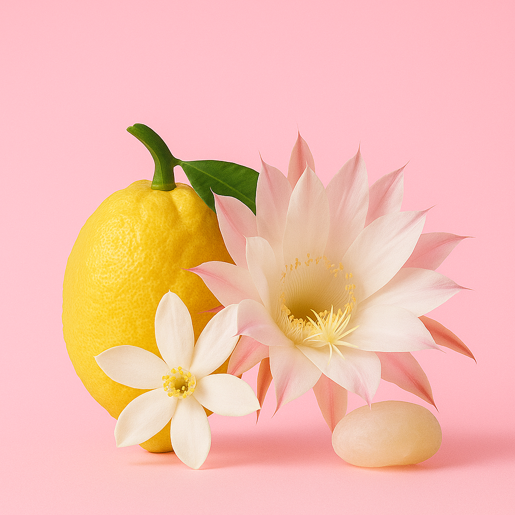A lemon and two white flowers with yellow centers are elegantly arranged against a pink background.