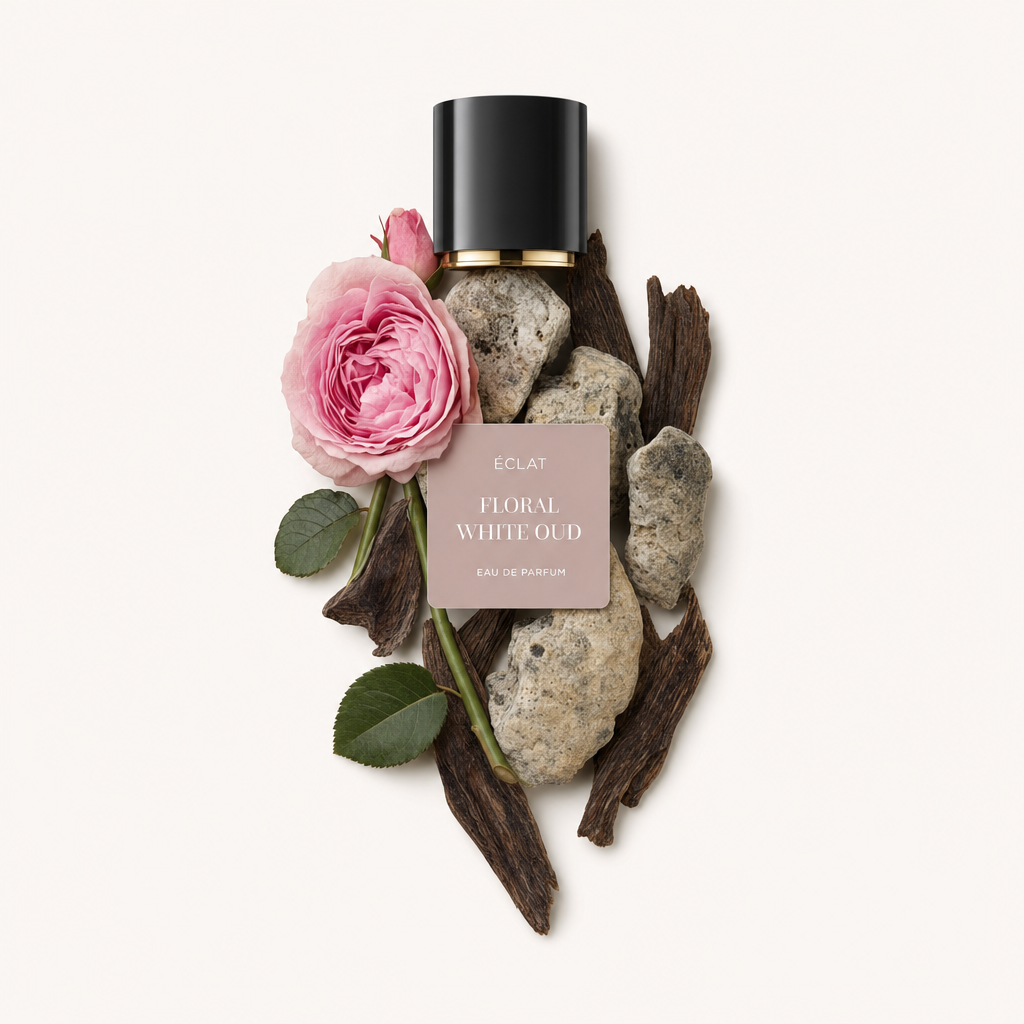 Un arrangement pour ÉCLAT Floral White Oud, avec une rose rose, des pierres texturées et des morceaux de bois sombre sous un capuchon noir à bande dorée.