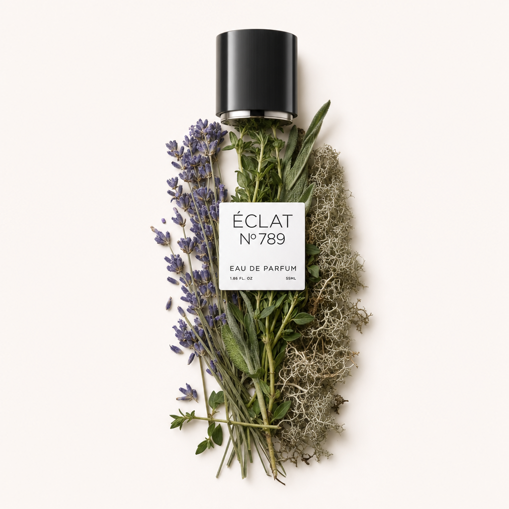Un elegante arreglo de ramitas de lavanda, hierbas verdes y musgo bajo una tapa negra con la etiqueta ÉCLAT.