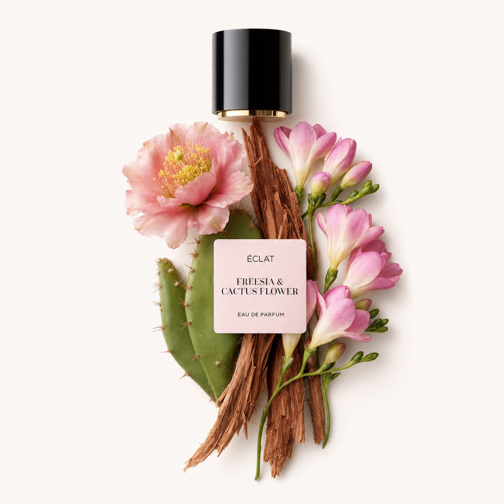 An arrangement of pink cactus flowers, fresh freesias, and lush cactus leaves is artfully composed around a black cap with a label reading ÉCLAT Freesia & Cactus Flower.