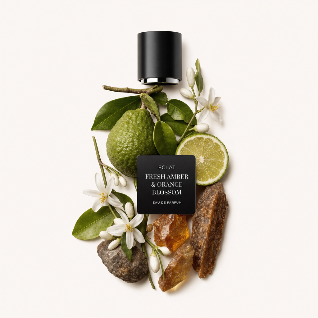 Un agencement d'ingrédients parfumés comprenant une bergamote entière, une tranche de citron vert, des fleurs d'oranger, de la résine d'ambre et un capuchon noir ÉCLAT avec une étiquette.