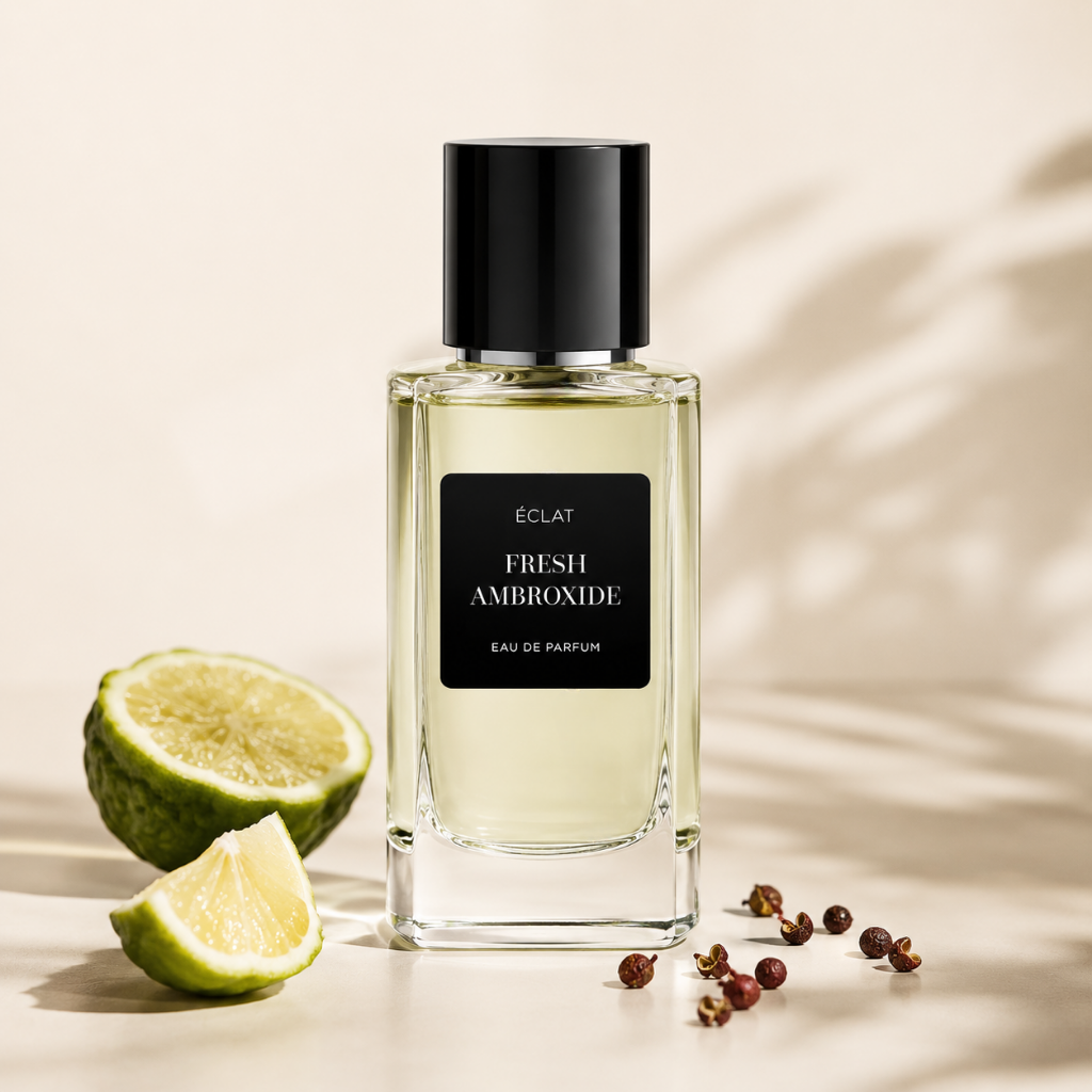 Faceted glass bottle of ÉCLAT Fresh Ambroxide with black cap, surrounded by citrus slices and peppercorns.