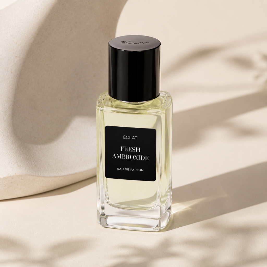 Faceted glass bottle of ÉCLAT Fresh Ambroxide with a glossy black cap, set against a soft beige background.