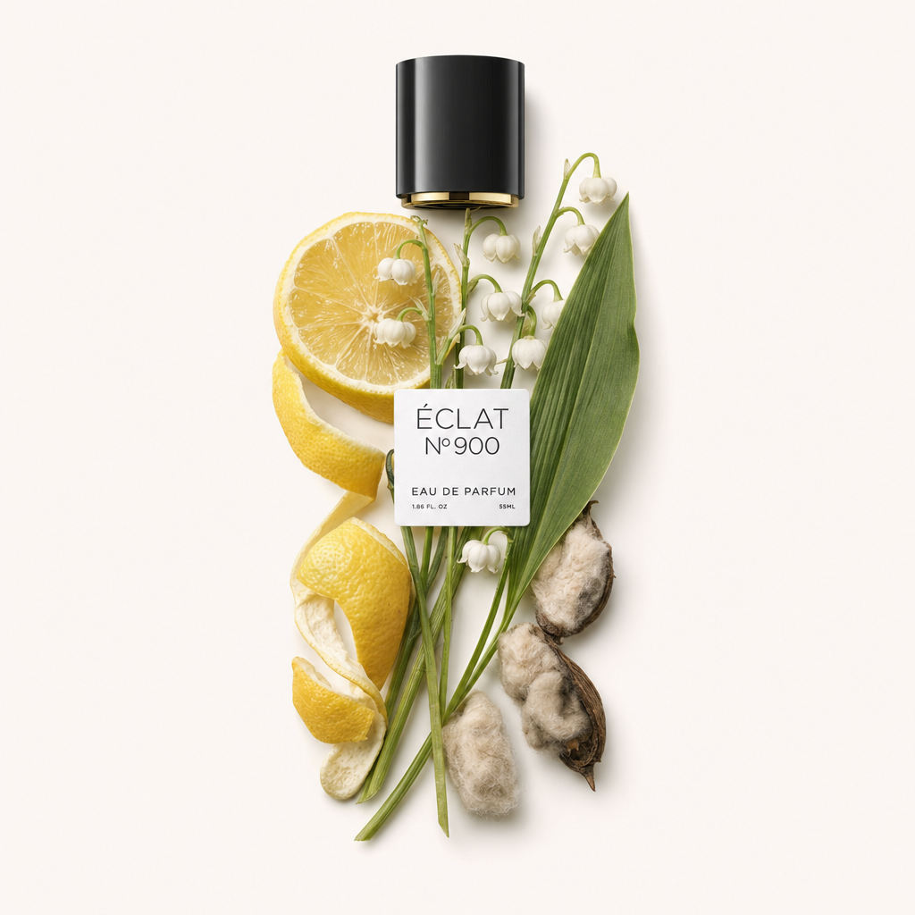 Un arrangement de rondelles de citron, muguet et coton autour d'un capuchon noir avec étiquette ÉCLAT.