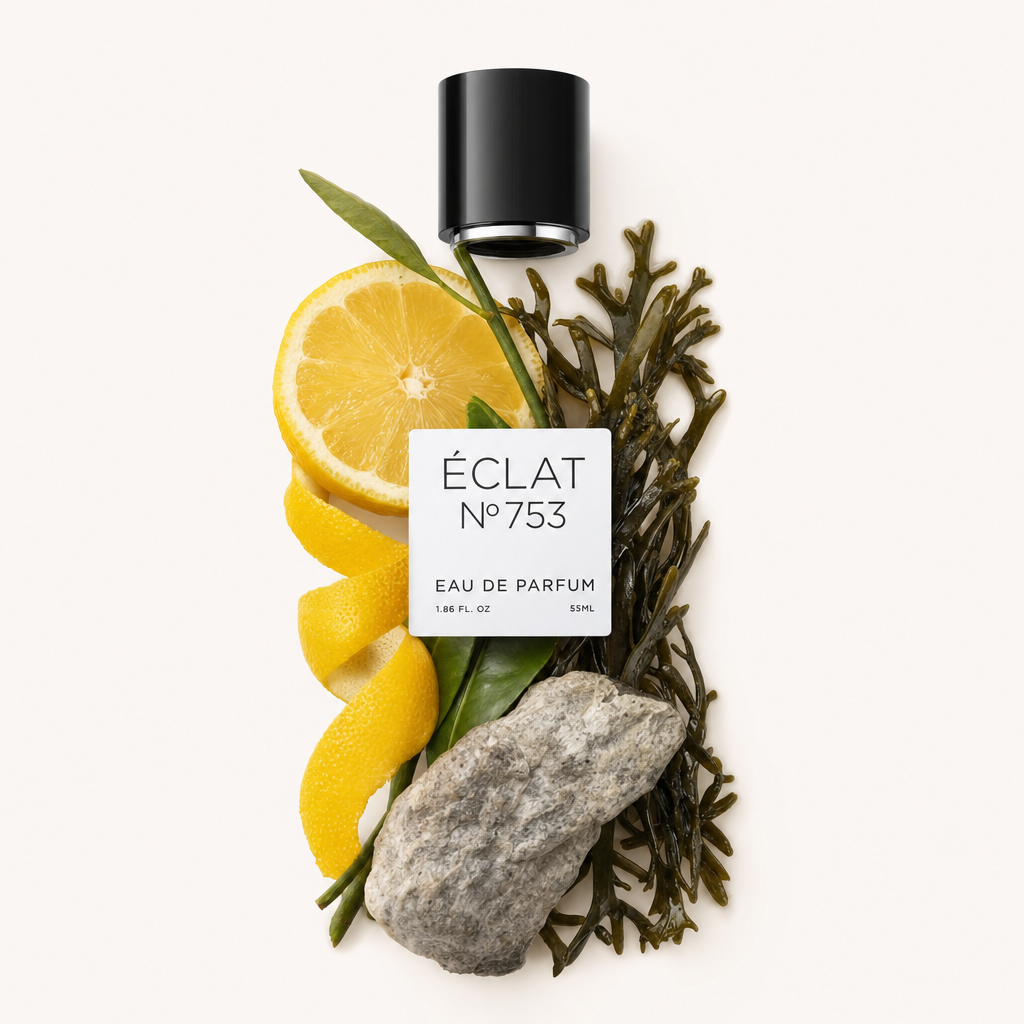 An arrangement of vibrant lemon slices, green leaves, and rugged rock encircles a sleek black ÉCLAT cap with a label.