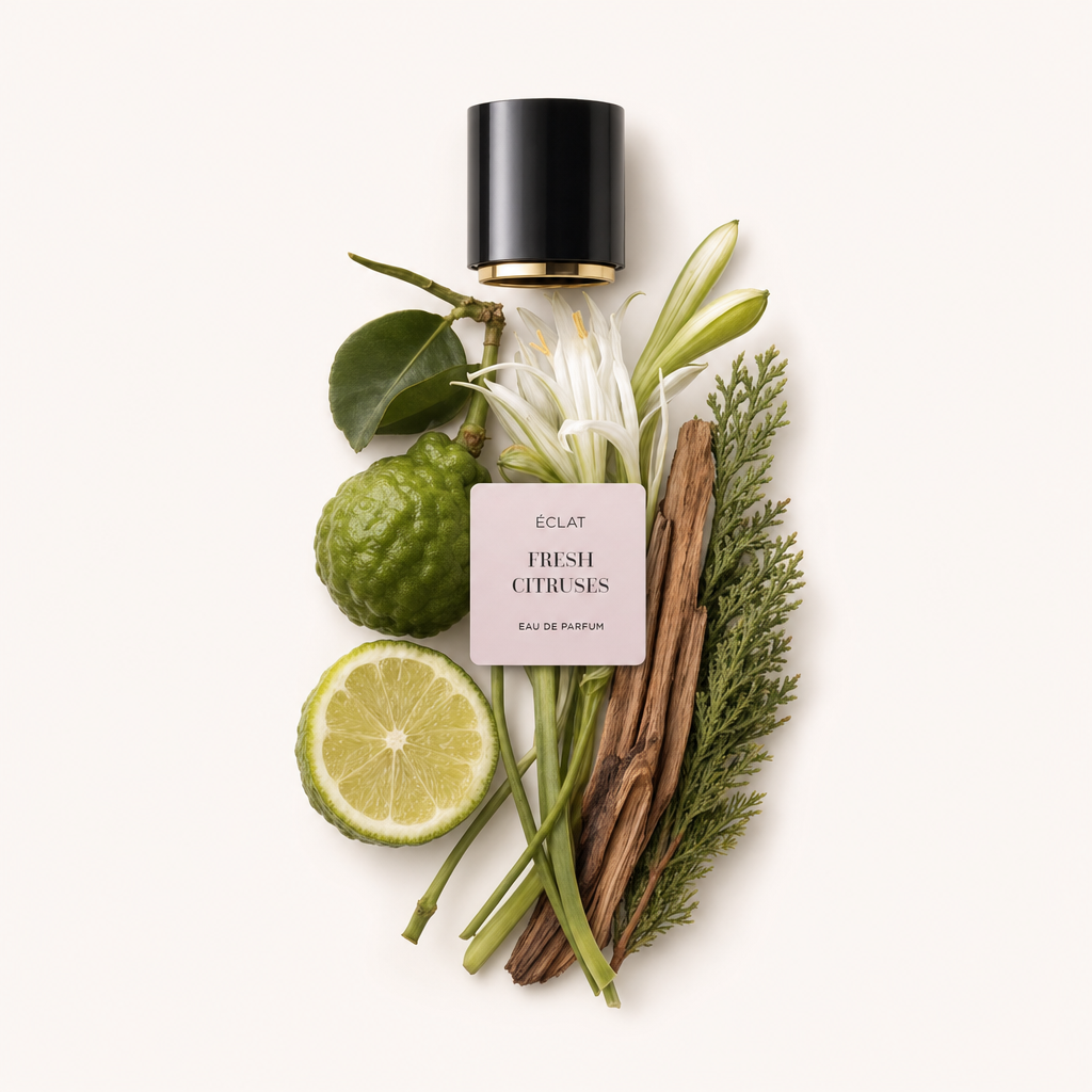 Une nature morte arrangée à la main de fruits d'agrumes, feuilles, fleurs blanches et bois, entourant un bouchon noir avec une étiquette pour ÉCLAT Fresh Citruses.