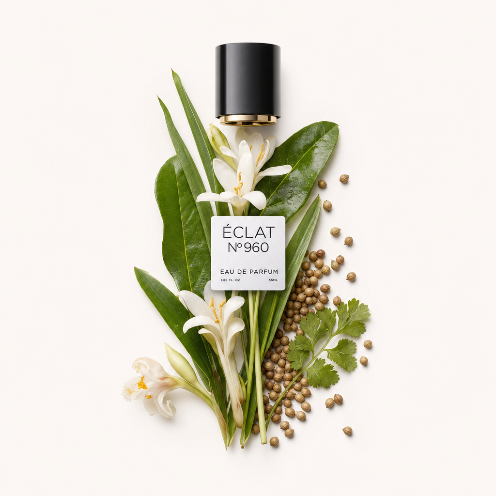Un arrangement de gingembre frais, fleurs blanches, feuilles vertes, graines de coriandre et une brindille de coriandre entoure le capuchon noir ÉCLAT avec étiquette.
