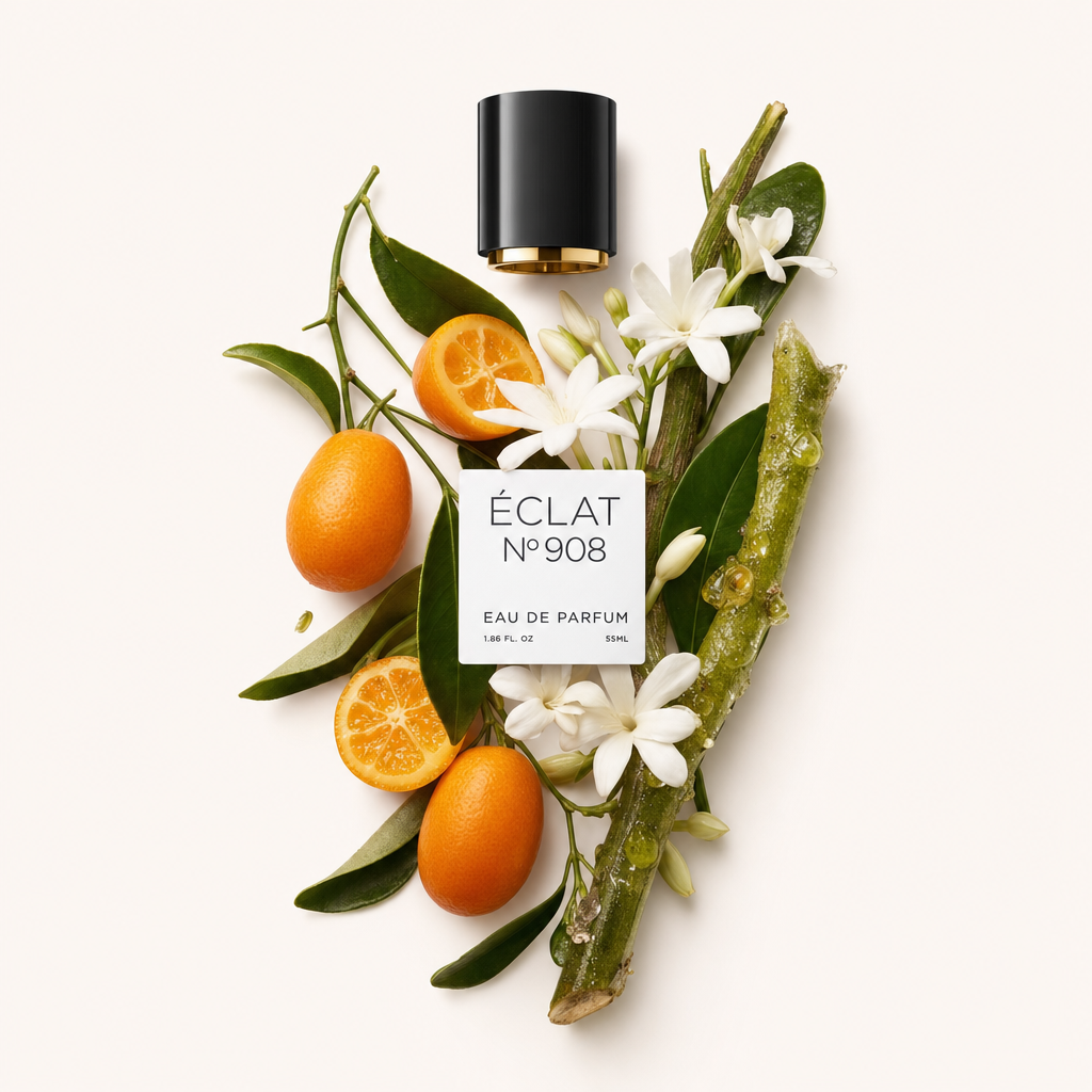 Un bouchon noir avec étiquette ÉCLAT, entouré de kumquats vibrants, de délicates fleurs blanches et de feuilles vertes fraîches.