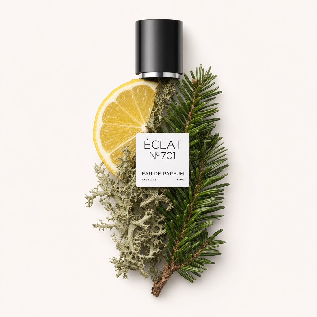 Une tranche de citron frais et une branche de sapin sont disposées avec art à côté d'un morceau de lichen gris, surmontées d'un capuchon noir portant l'étiquette ÉCLAT.