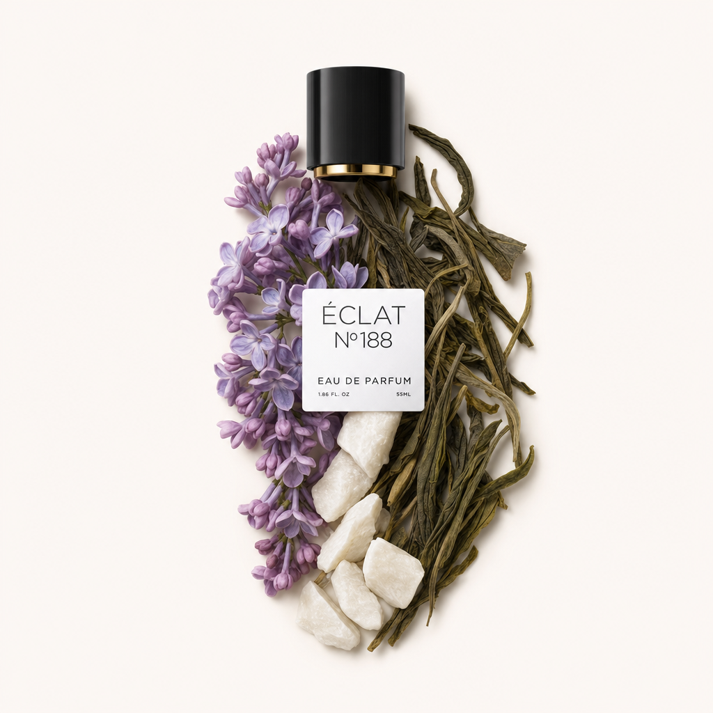 Un arrangement de fleurs de lilas, feuilles de thé vert et pierres blanches se trouve à côté d'un bouchon noir avec accent doré et étiquette ÉCLAT Fresh Lilac.