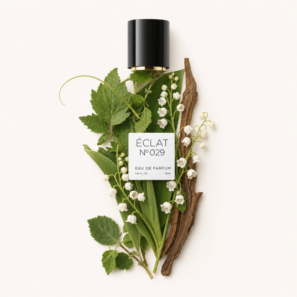 Un arrangement de muguet frais, de feuilles vertes et d'un morceau d'écorce entoure élégamment le capuchon noir avec étiquette de ÉCLAT Fresh Lily Of The Valley.