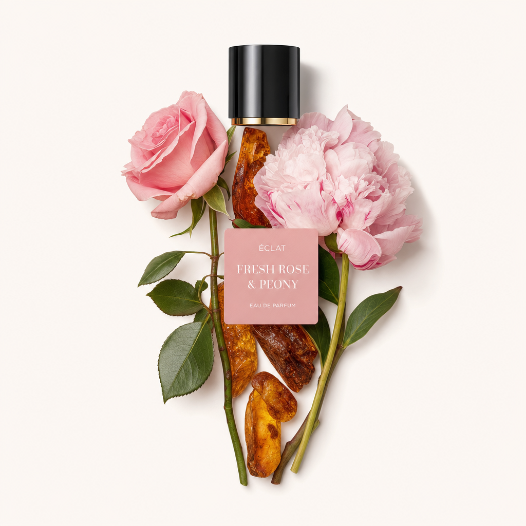 Un arrangement de fleurs fraîches de rose et de pivoine roses avec de l'ambre et le capuchon noir original avec une étiquette indiquant ÉCLAT Fresh Rose & Peony.