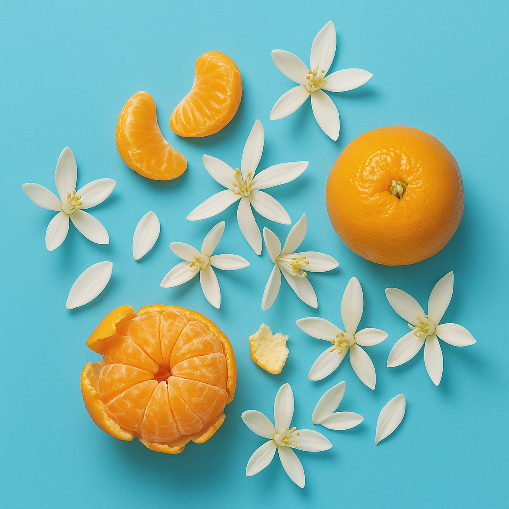 Whole tangerine, peeled segments, and white blossoms on a bright blue background.