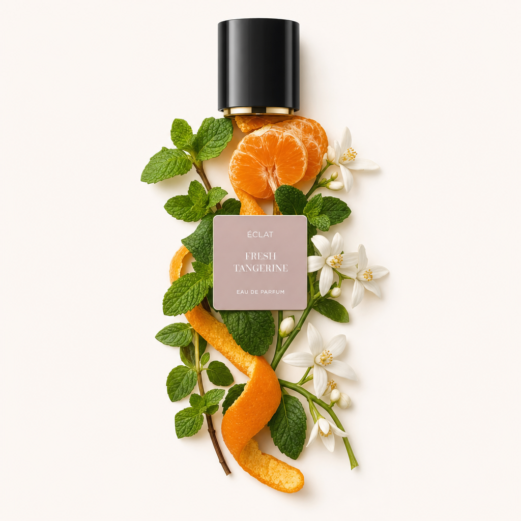 An arrangement of fresh tangerine slices, orange peel, mint leaves, and white blossoms surrounds a black cap with a gold band. The ÉCLAT Fresh Tangerine label is visible.
