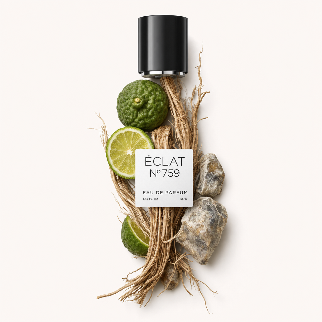 An arrangement of fresh vetiver roots, a halved lime, and bergamot surrounds a black cap with an ÉCLAT Fresh Vetiver label.