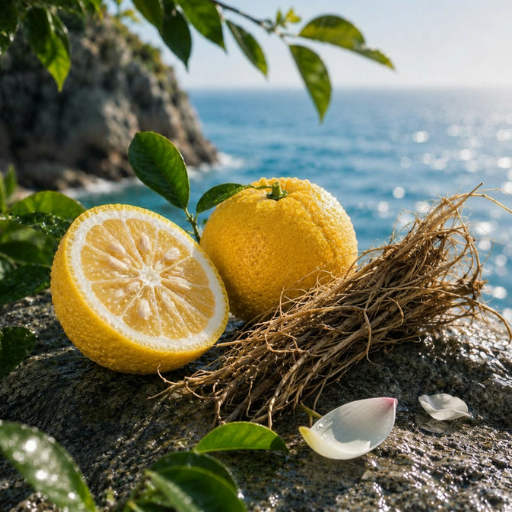 Fresh yuzu and vetiver on a stone by the sea, surrounded by lush green leaves and petals.