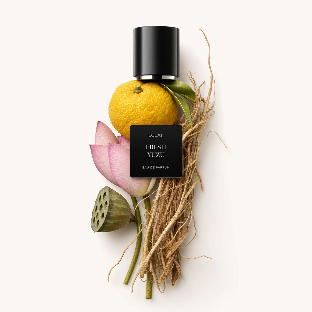 Un arrangement de fruit de yuzu frais, pétales de lotus roses et herbe séchée entoure un capuchon noir avec une étiquette pour ÉCLAT Fresh Yuzu.