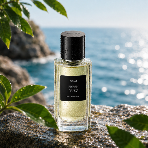 A faceted glass bottle of ÉCLAT Fresh Yuzu with a black matte label and cap, set against a coastal backdrop.