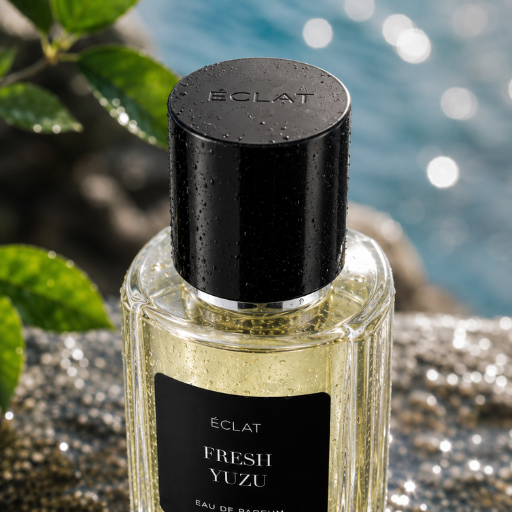 Faceted glass bottle of ÉCLAT Fresh Yuzu with a black cap, set against a natural background with leaves and water droplets.
