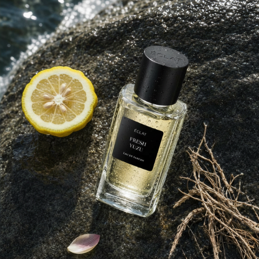 Faceted glass flacon of ÉCLAT Fresh Yuzu with a black matte cap, placed on a rock beside a halved yuzu fruit, twigs, and a petal.