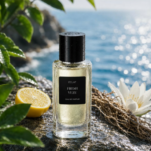 ÉCLAT Fresh Yuzu displayed on a rocky surface with a halved yuzu and flower, set against a sunlit sea background.