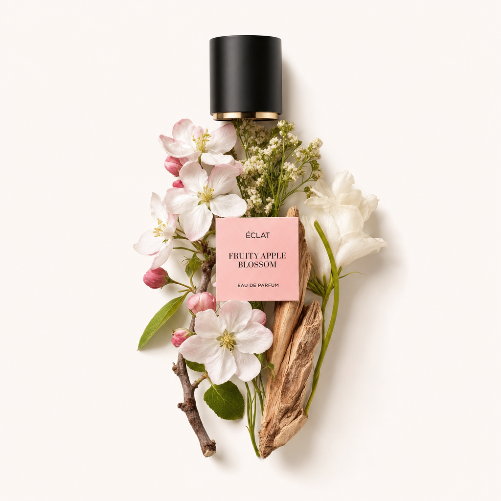 An arrangement of apple blossoms, twigs, and delicate white flowers surrounds a black cap with a label for ÉCLAT Fruity Apple Blossom.