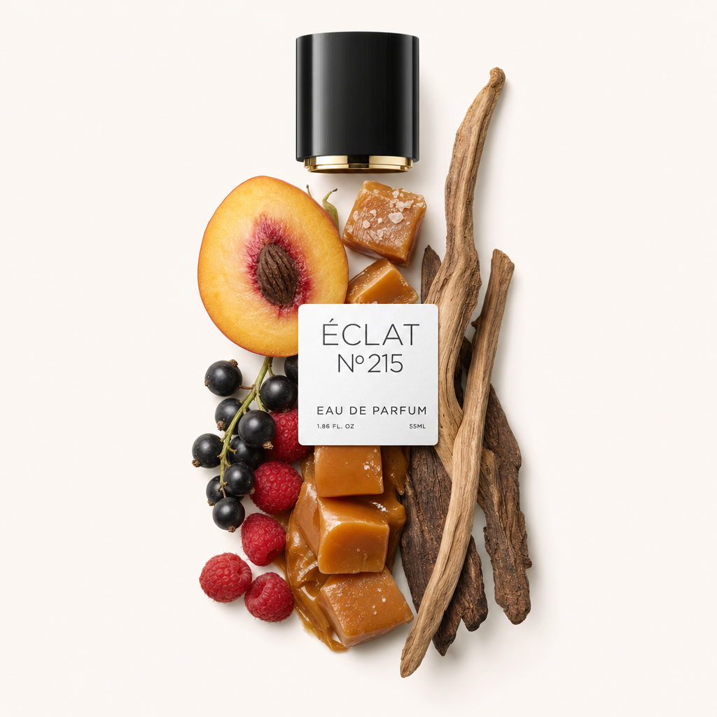 Un arrangement de carrés de caramel, framboises, cassis, une demi-pêche et des bâtons de bois entoure un bouchon noir avec une étiquette pour ÉCLAT Fruity Caramel.