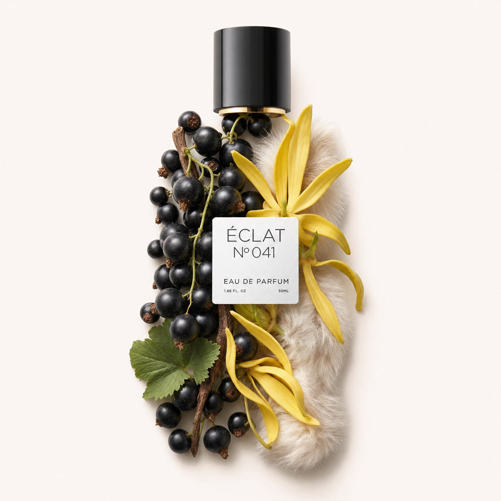 An arrangement of blackcurrants, ylang-ylang flowers, and vanilla sticks surrounds a black cap with a label bearing the name ÉCLAT Fruity Cassis.