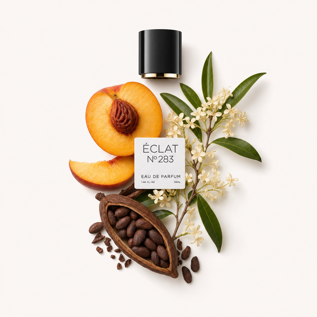 Un arrangement de tranches de pêche, de fèves de cacao avec une cosse et de délicates fleurs blanches à côté d'un bouchon noir avec une étiquette, représentant ÉCLAT Fruity Cocoa.