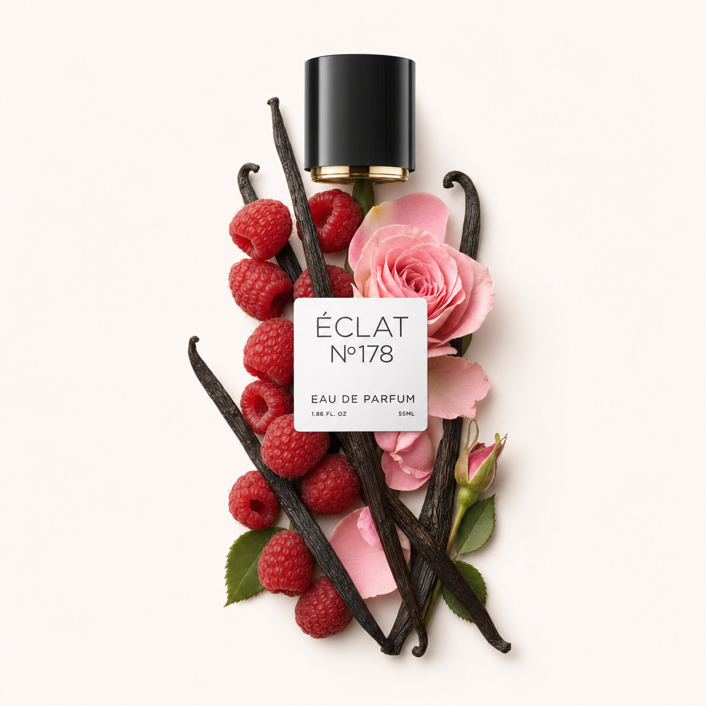 An arrangement of raspberries, pink rose petals, and vanilla beans below a black cap with label for ÉCLAT Fruity Dark Rose.