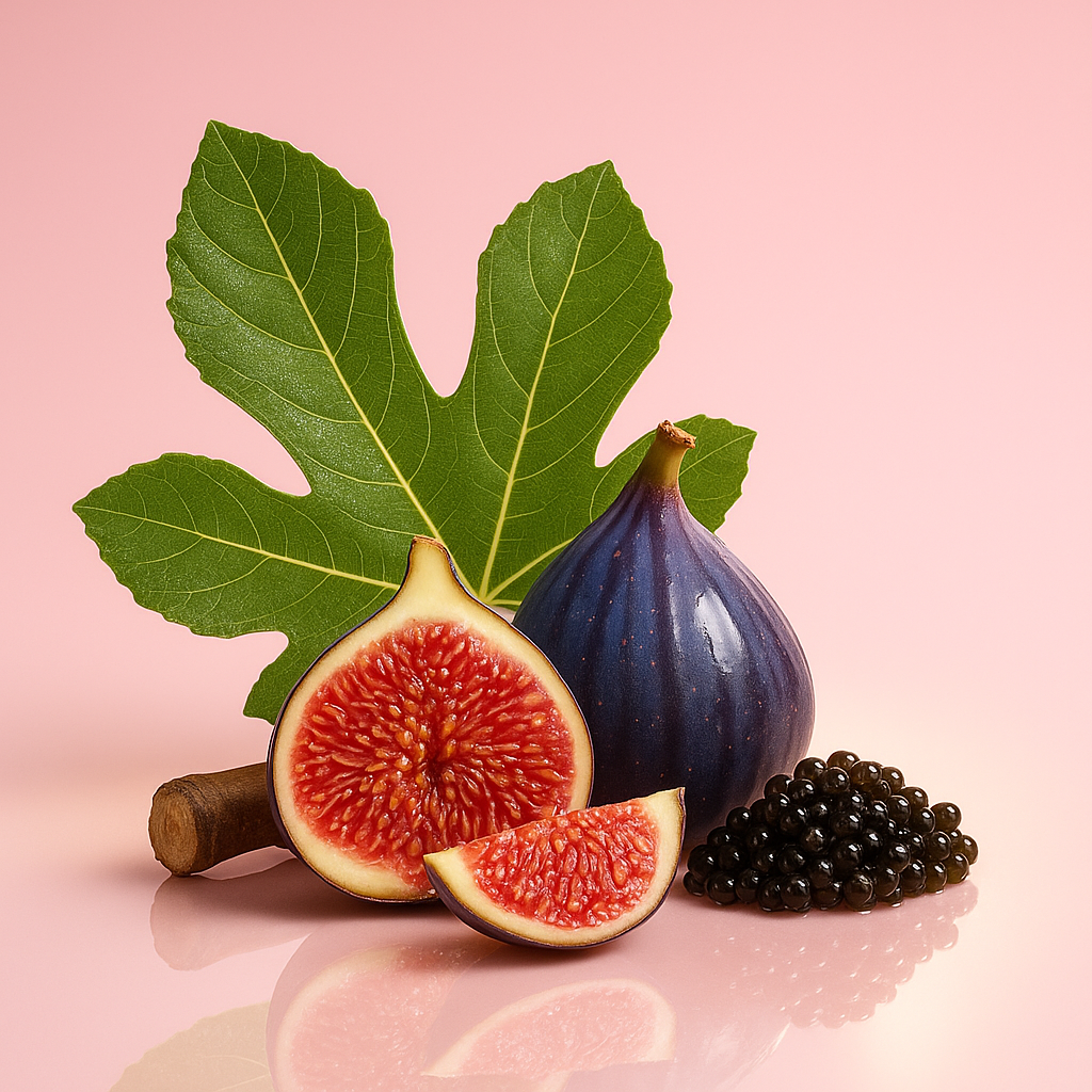 A fig leaf, whole and sliced figs, and black pearls arranged elegantly on a reflective pink surface.