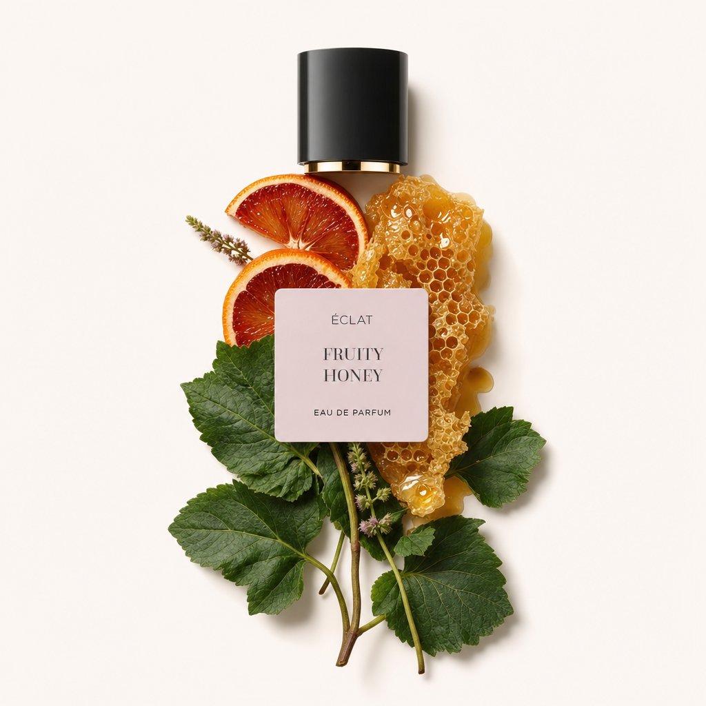 Une composition de tranches d'orange sanguine mûre, de feuilles vertes luxuriantes et de rayon de miel disposée autour du capuchon noir avec l'étiquette du parfum ÉCLAT Fruity Honey.