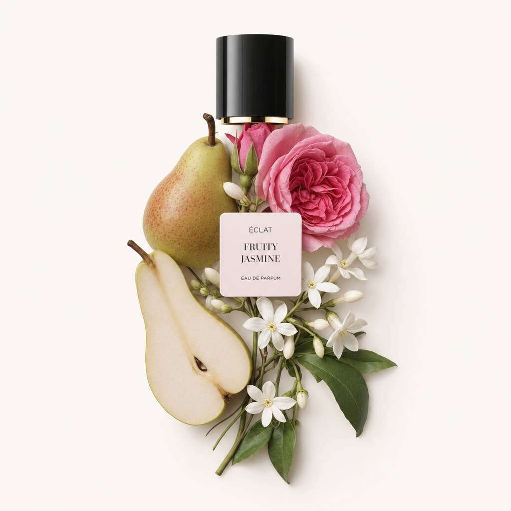 Un arrangement de poire, rose rose et fleurs de jasmin avec des feuilles vertes entoure un capuchon noir avec étiquette ÉCLAT Fruity Jasmine.