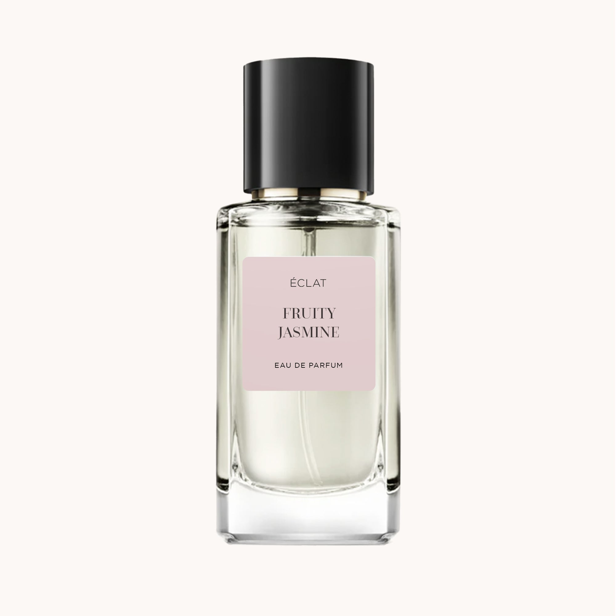 Flacon en verre élégant de ÉCLAT Fruity Jasmine avec un bouchon noir brillant et une étiquette rose pâle.
