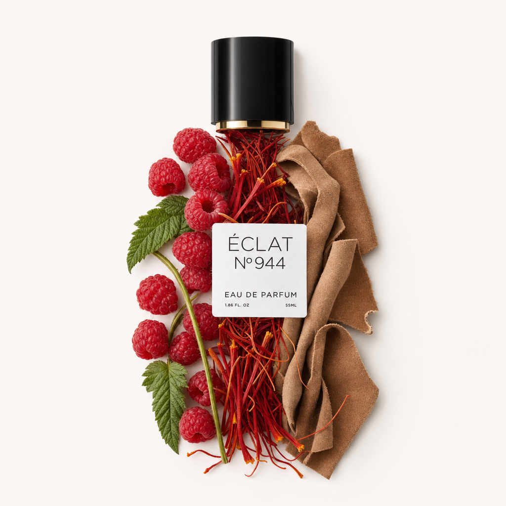 Uma disposição artística de framboesas com folhas verdes, fios de açafrão vermelhos e um pedaço de couro castanho, rodeando uma tampa preta com aba dourada e rótulo para ÉCLAT Fruity Leather.