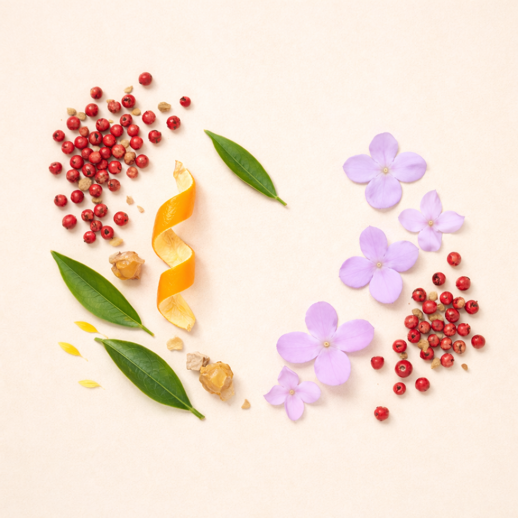 Arrangement de fleurs de lilas, de baies rouges, de feuilles vertes, d'écorce d'agrumes et de résine évoque les notes d'ÉCLAT Fruity Lilac.