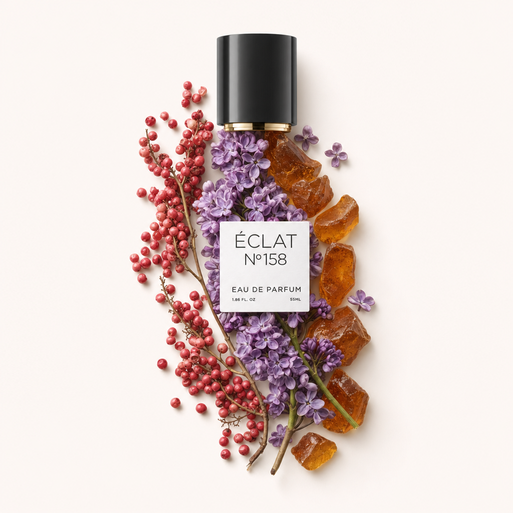 Une nature morte arrangée à la main avec des fleurs de lilas, des grains de poivre rouge et de la résine ambrée, entourant le bouchon noir original avec étiquette de ÉCLAT Fruity Lilac.