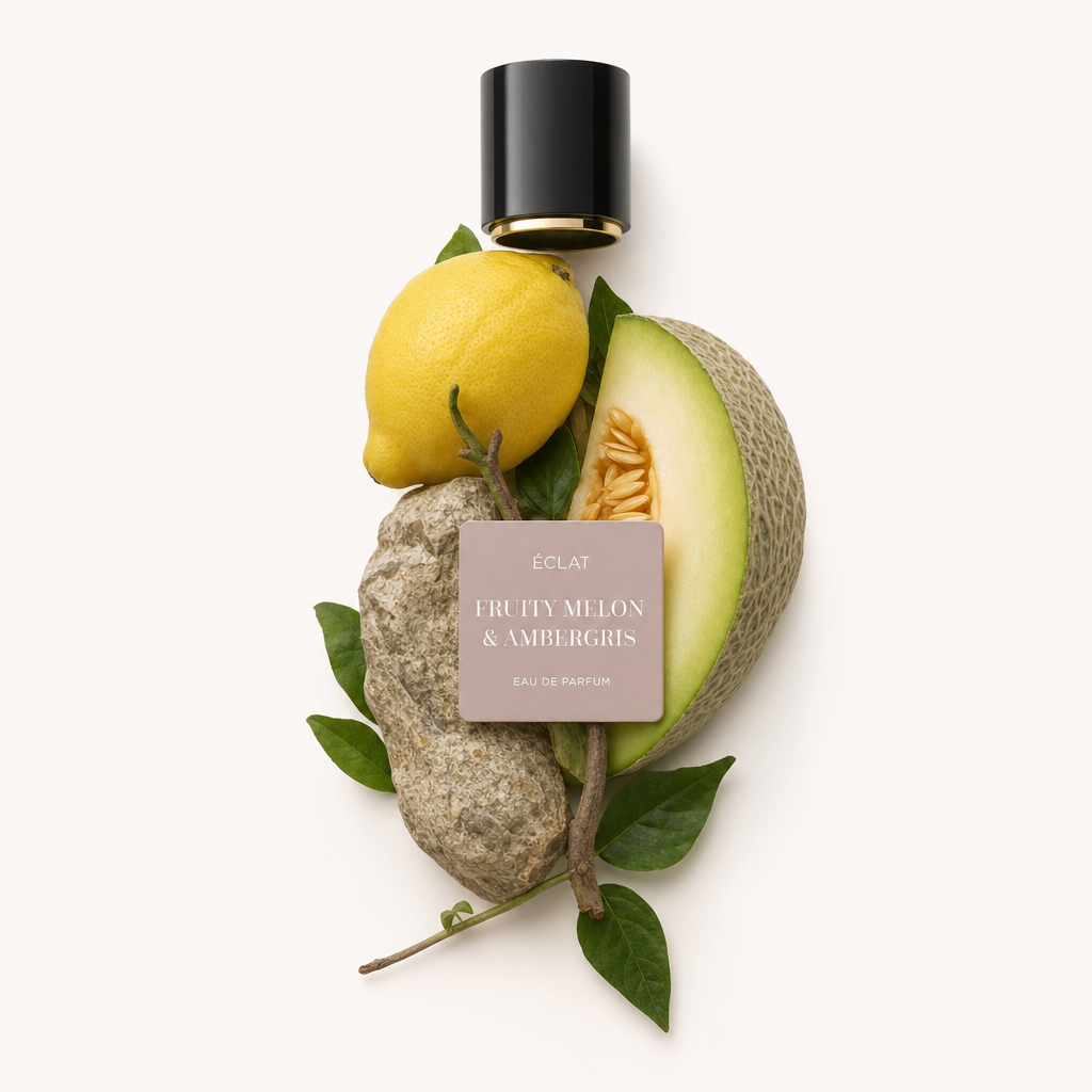 Une composition de citron, tranche de melon et pierre d’ambre gris, disposée avec des feuilles vertes, surmontée d'un bouchon noir avec une étiquette ÉCLAT Fruity Melon & Ambergris.